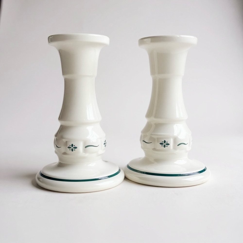 Longaberger Pottery Woven Traditions Heritage Green 5” Candlesticks Set